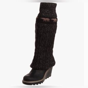 Sorel Crazy Cable Wedge Knit Winter Boots Leather Size 39.5 or 8.5 Black Tall